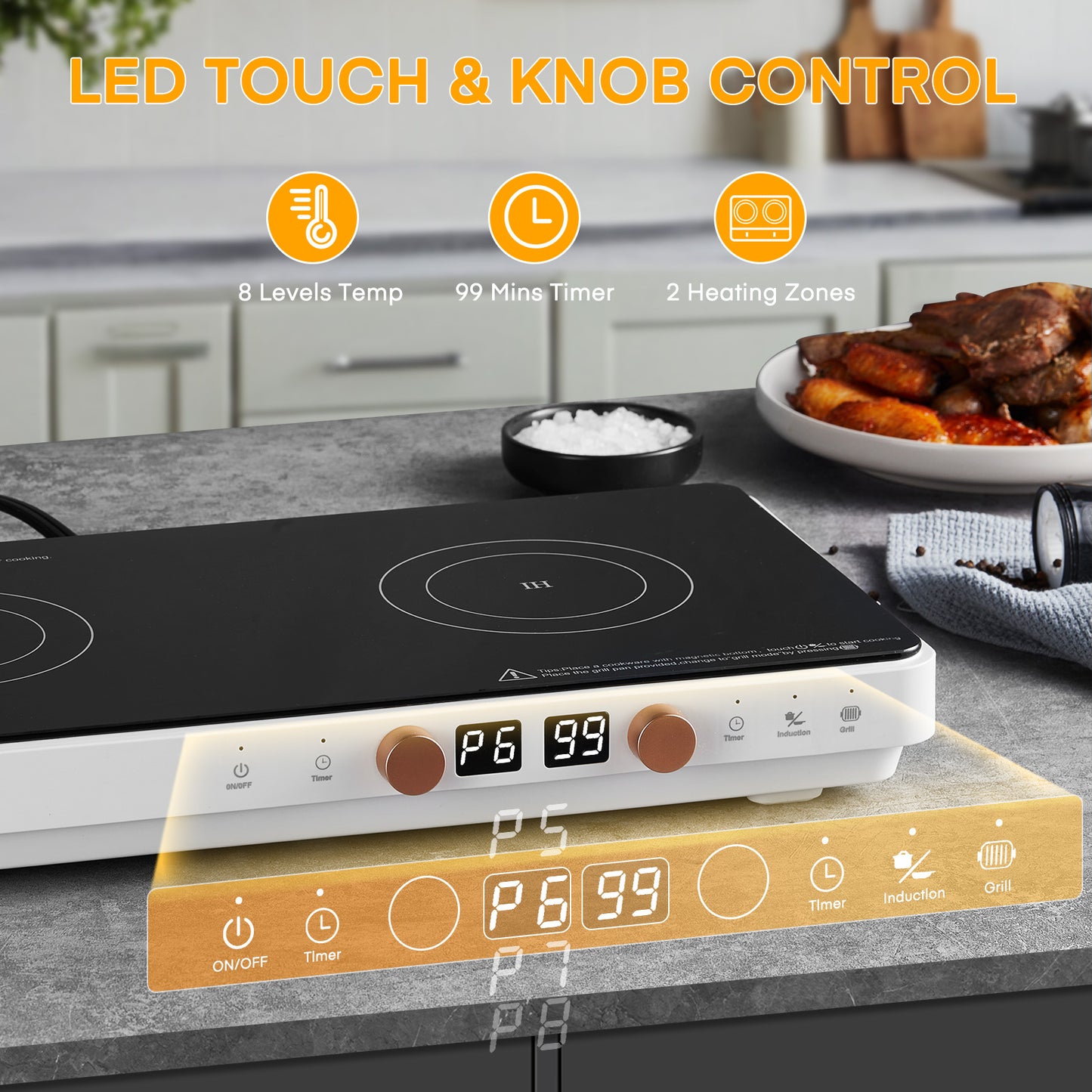 Double Induction Cooktops, Hot Plate with Removable Iron Cast Griddle Pan Non-stick