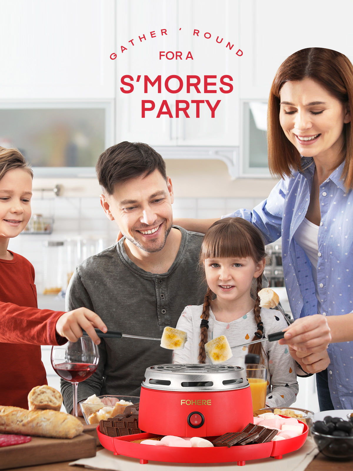 Smores Maker Tabletop Indoor with 4 Detachable Trays & 4 Roasting Forks, Red