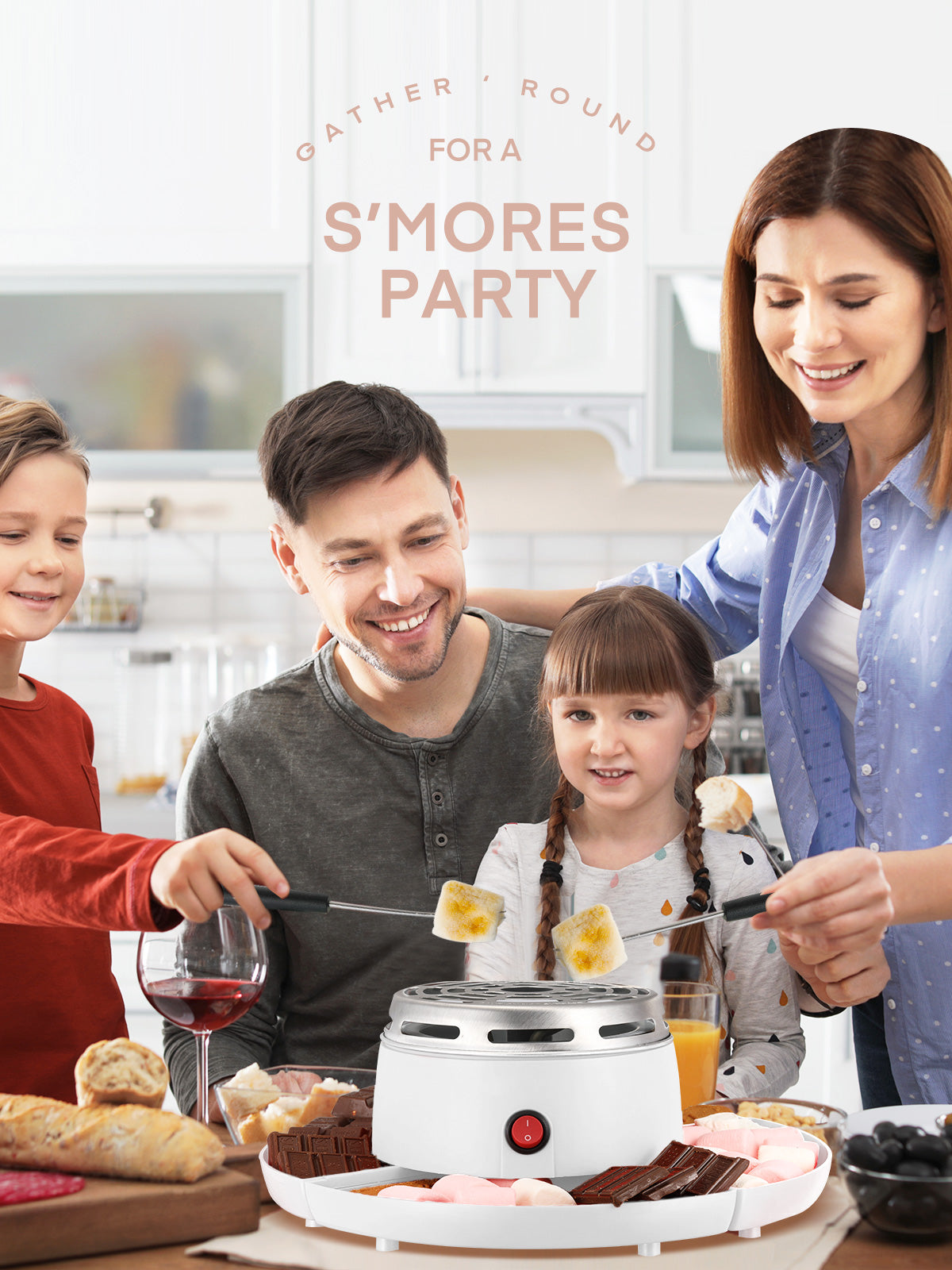 Smores Maker Tabletop Indoor with 4 Detachable Trays & 4 Roasting Forks, White