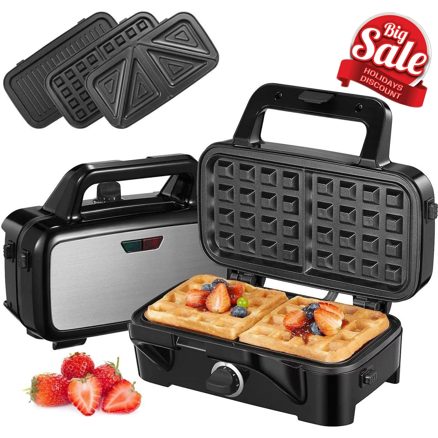 3-in-1 Sandwich Maker with Removable Plates, Waffle Maker and Panini Press Grill, 1200W, Black