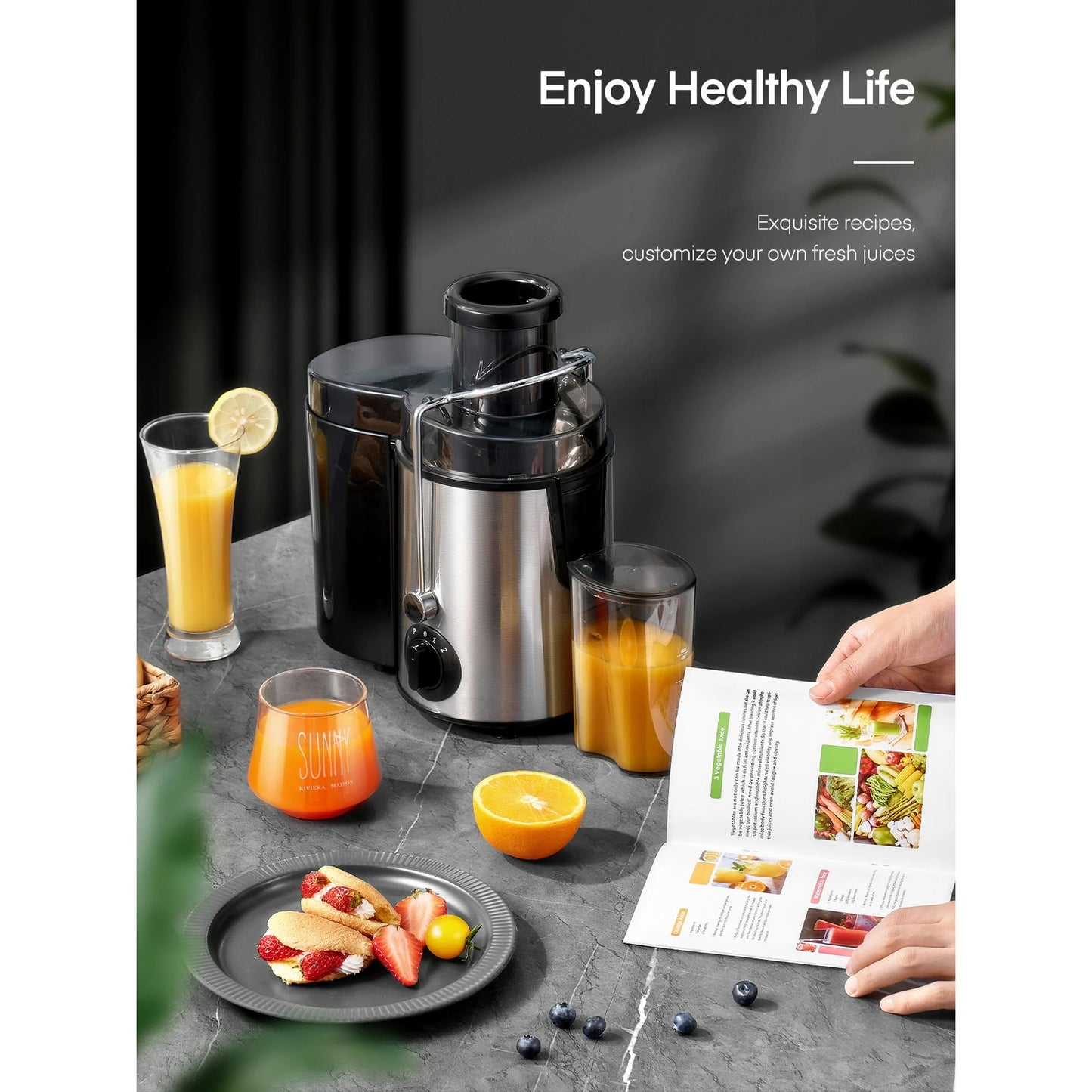 Juicer Machines, Centrifugal Juicer Extractor 3 Speeds with 3'' Feed Chute for Whole Fruit and Vegetables, Stainless Steel, Easy to Clean, Cleaning Brush and Recipe Included