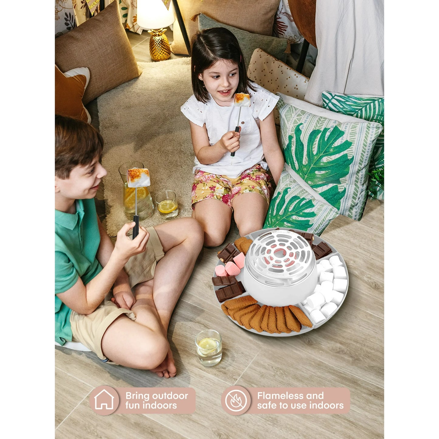Smores Maker Tabletop Indoor with 4 Detachable Trays & 4 Roasting Forks, White