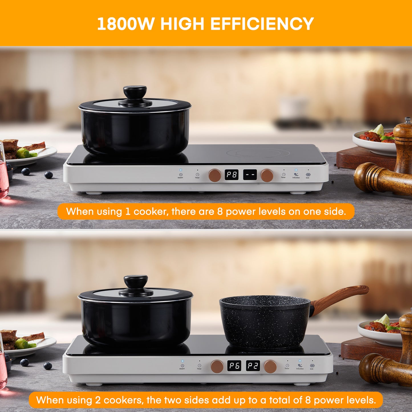 Double Induction Cooktops, Hot Plate with Removable Iron Cast Griddle Pan Non-stick