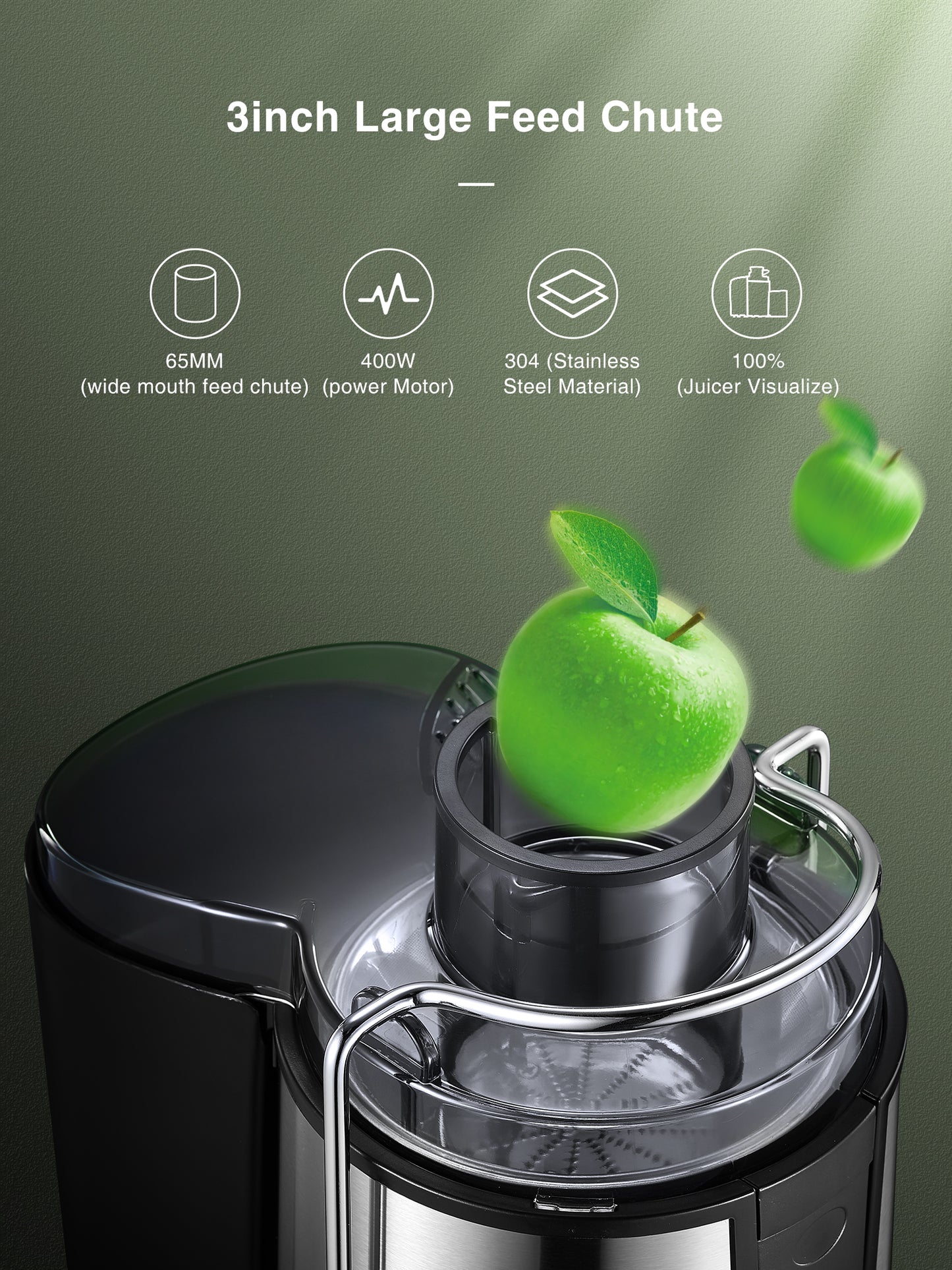 Upgraded Juicer Machine for Fruits and Vegetables Easy to Clean, Stainless Steel Juicer 400W with 3'' Wide Mouth, Juilist Compact Centrifugal Juicer Extractor Anti-Drip with Brush & Recipe