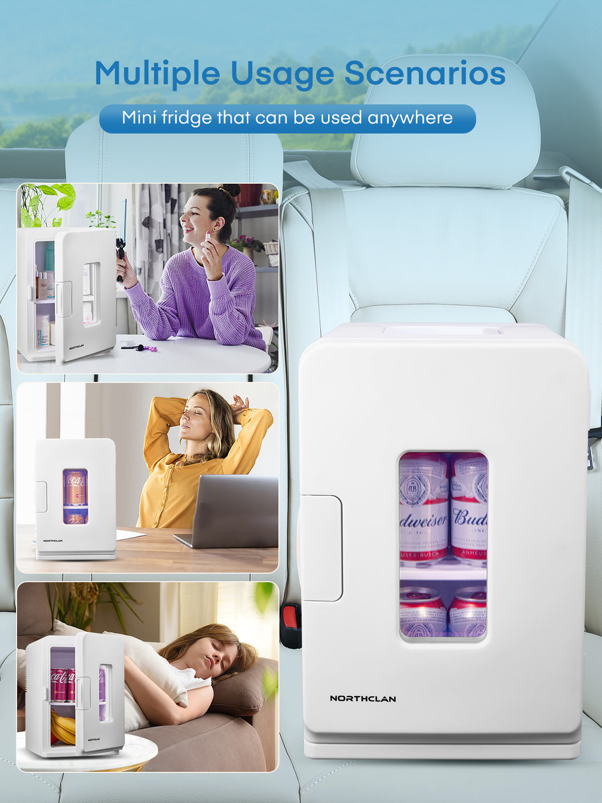 15L Mini Fridge for Bedroom, Portable Mini Refrigerator, AC/DC Power, 2 in 1 Mode for Office, Dorm and Car, White