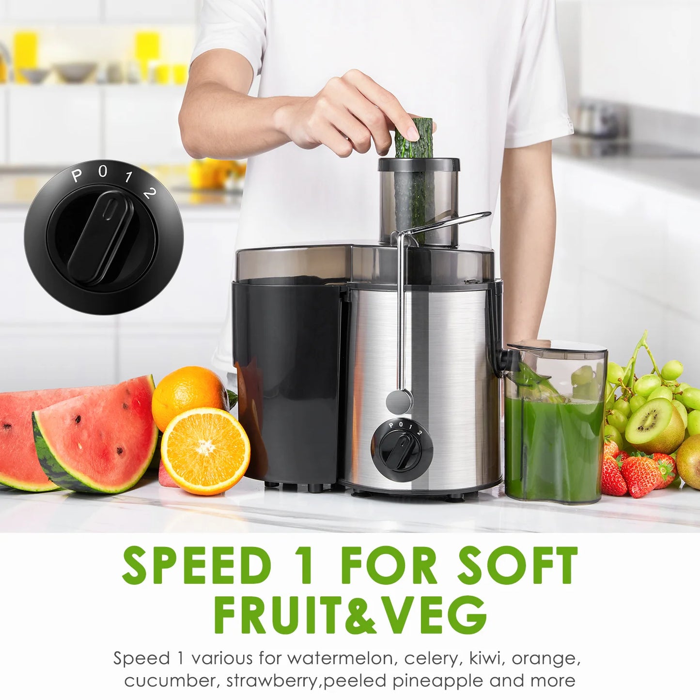 Juicer, Juicer Machine Vegetable and Fruit, Juice Extractor Easy to Clean, Centrifugal Juicer with 3'' Feed Chute, Stainless Steel, 3 Speed, Anti-Drip, Included Brush, 400W, Black