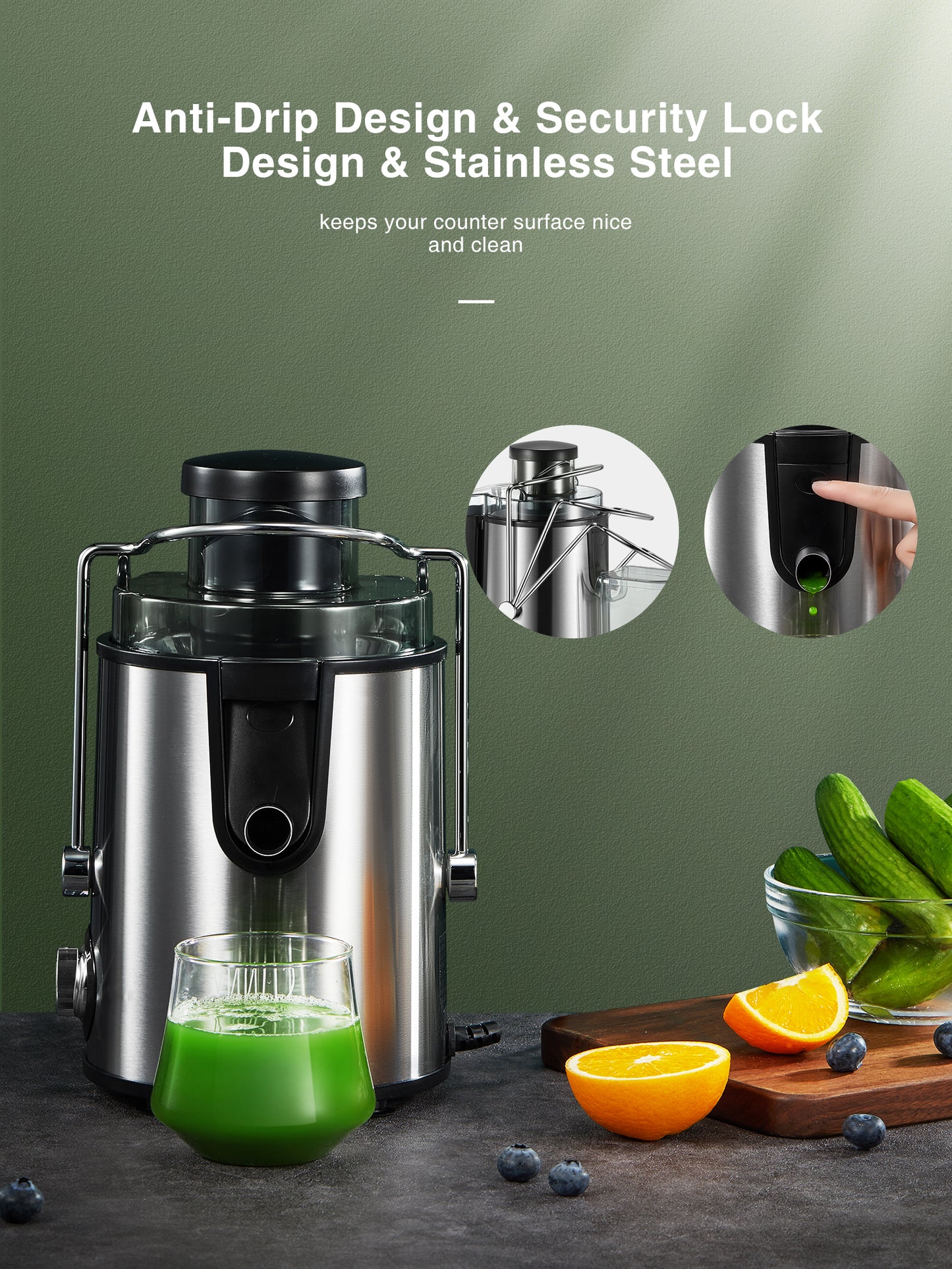 Upgraded Juicer Machine for Fruits and Vegetables Easy to Clean, Stainless Steel Juicer 400W with 3'' Wide Mouth, Juilist Compact Centrifugal Juicer Extractor Anti-Drip with Brush & Recipe