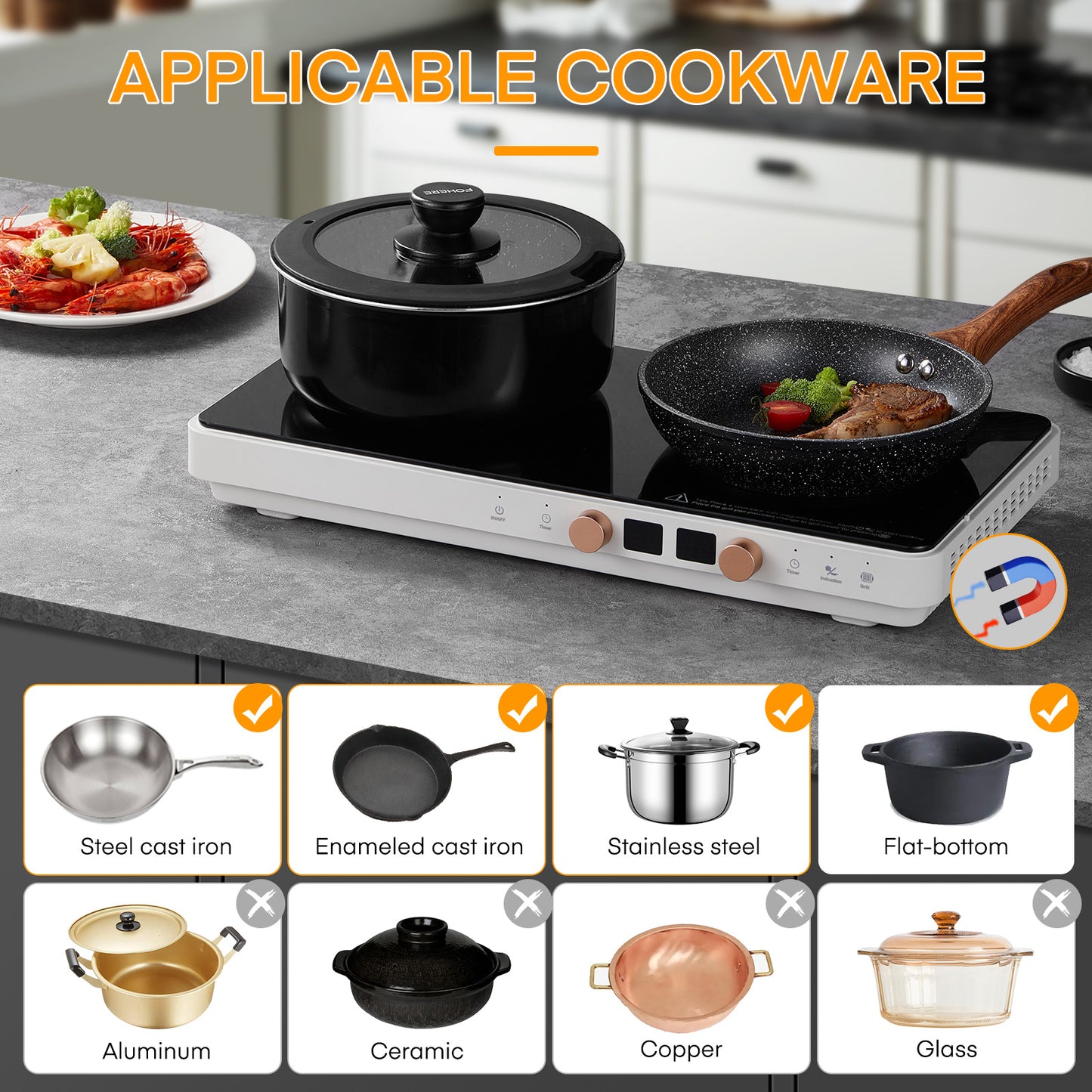 Double Induction Cooktops, Hot Plate with Removable Iron Cast Griddle Pan Non-stick