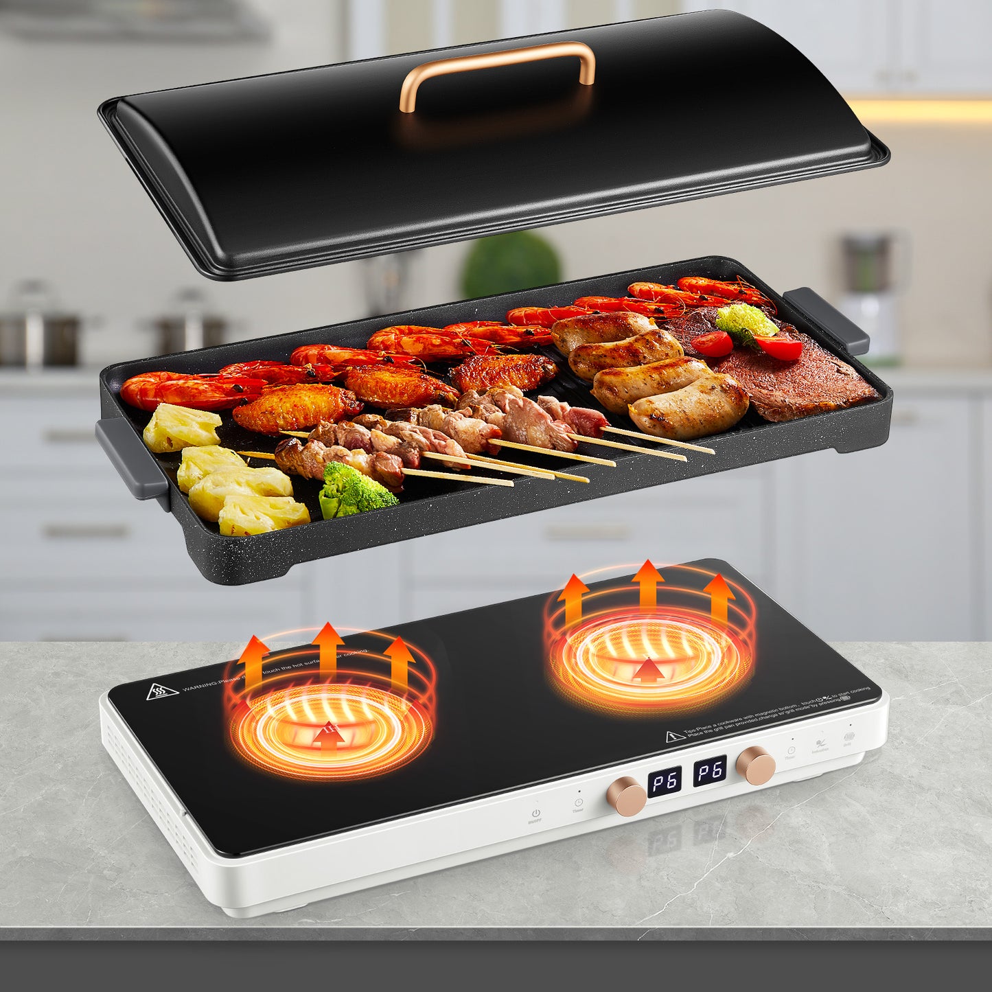 Double Induction Cooktops, Hot Plate with Removable Iron Cast Griddle Pan Non-stick