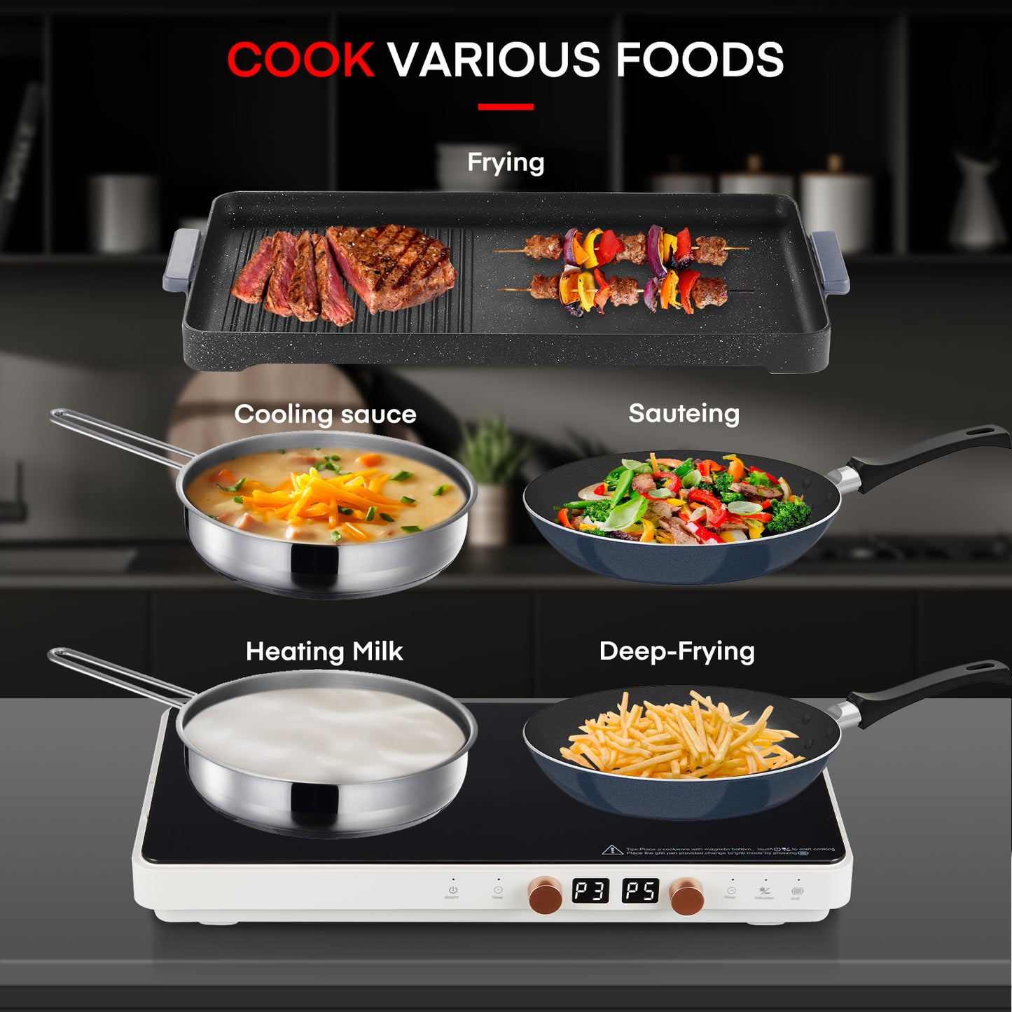 Double Induction Cooktops, Hot Plate with Removable Iron Cast Griddle Pan Non-stick