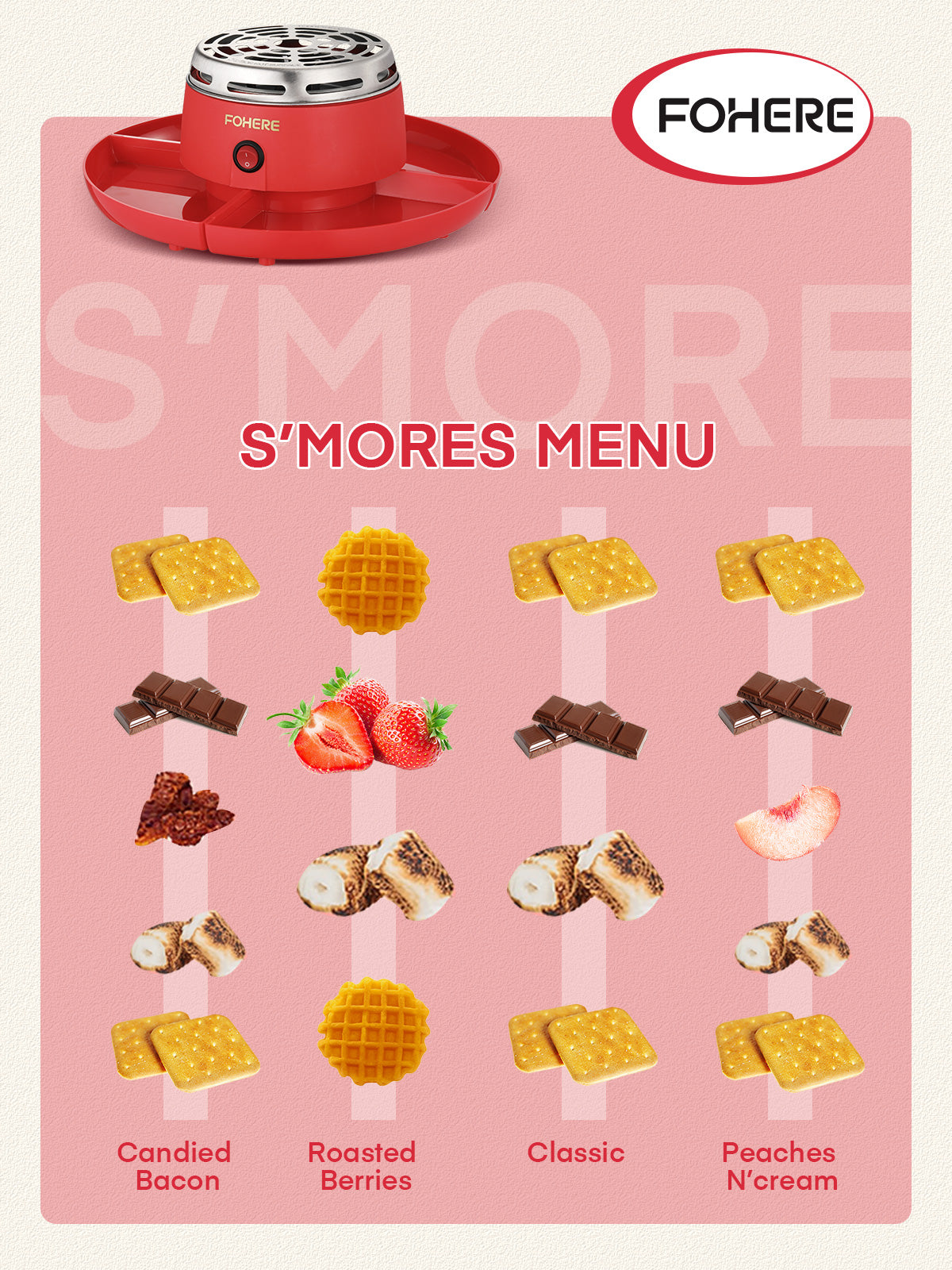 Smores Maker Tabletop Indoor with 4 Detachable Trays & 4 Roasting Forks, Red