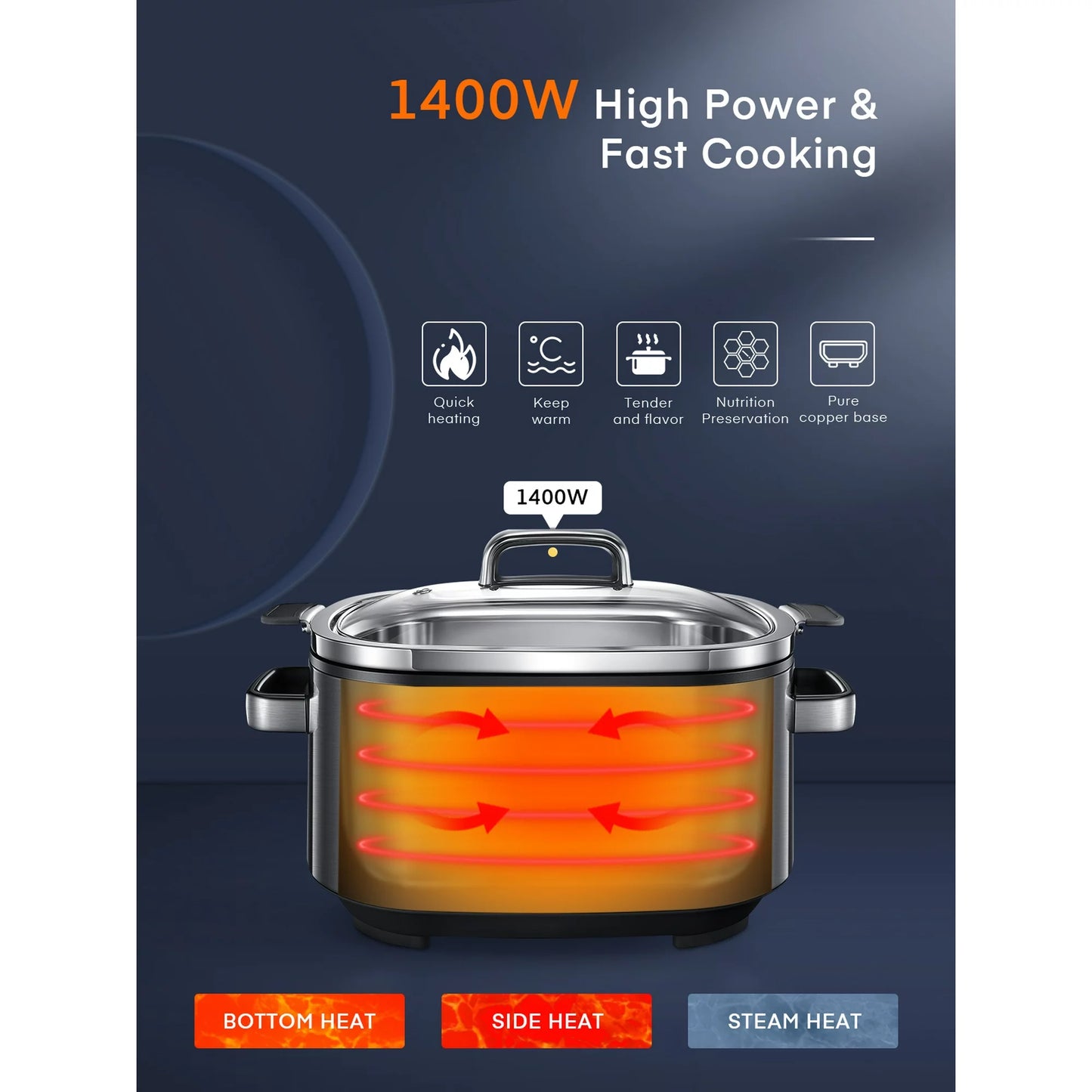 Slow Cooker, 10 in 1 Programmable Cooker, 6Qt Stainless Steel, Rice Cooker, Yogurt Maker, Delay Start, Steaming Rack and Glass Lid, Adjustable Temp&Time for Slow Cook with Digital Timer