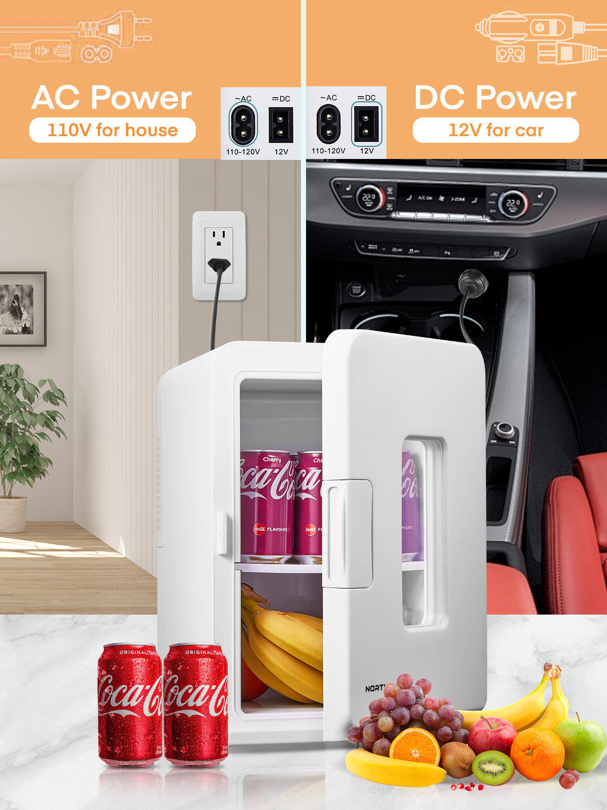 15L Mini Fridge for Bedroom, Portable Mini Refrigerator, AC/DC Power, 2 in 1 Mode for Office, Dorm and Car, White