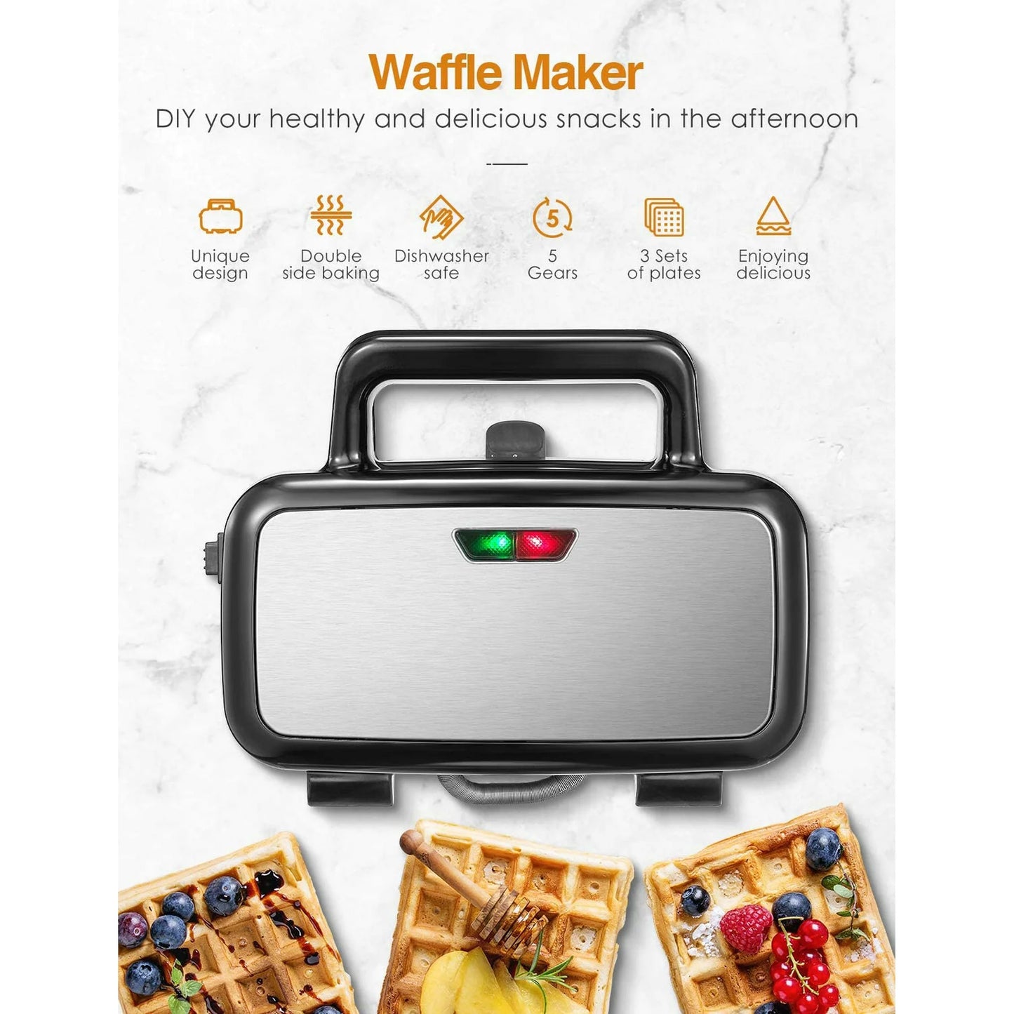 3-in-1 Sandwich Maker with Removable Plates, Waffle Maker and Panini Press Grill, 1200W, Black