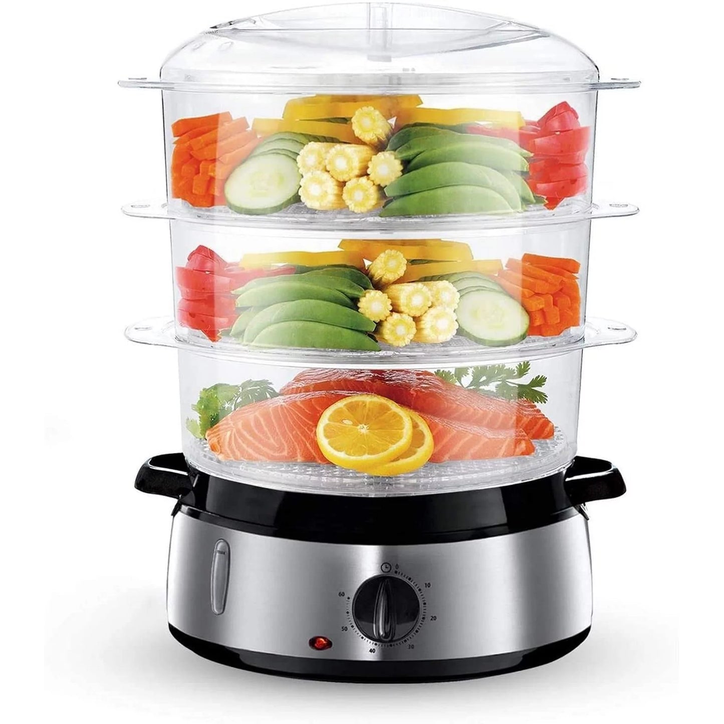 9.5 QT Electric Cooking Steamer, 3-Tier Vegetable or Meat, 800W Fast Cooking, White