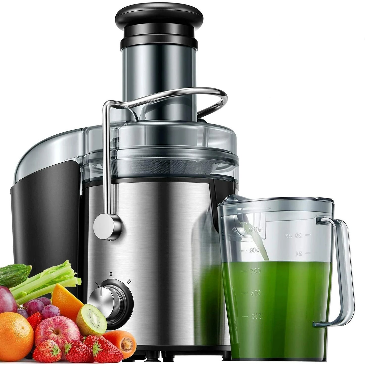 Juicer, 1000W Juicer Machine, 75MM Wide Mouth, FOHERE Dual Speed Mode, Stainless Steel, Easy Clean, Silver