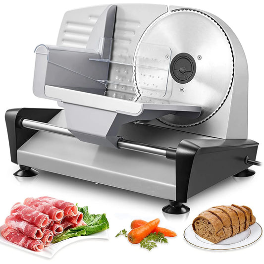 Meat Slicer, 200W Electric Food Slicer for Home Use, Meat Slicer with Two 7.5" Sharp Stainless Steel Blade(Serrated + Smooth) & 0-15mm Precise Thickness Cut Deli Food, Silver