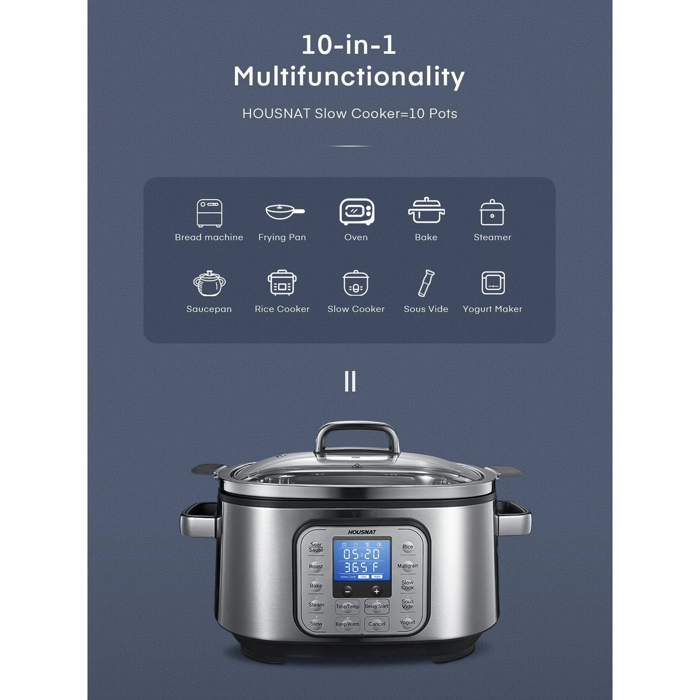 Slow Cooker, 10 in 1 Programmable Cooker, 6Qt Stainless Steel, Rice Cooker, Yogurt Maker, Delay Start, Steaming Rack and Glass Lid, Adjustable Temp&Time for Slow Cook with Digital Timer