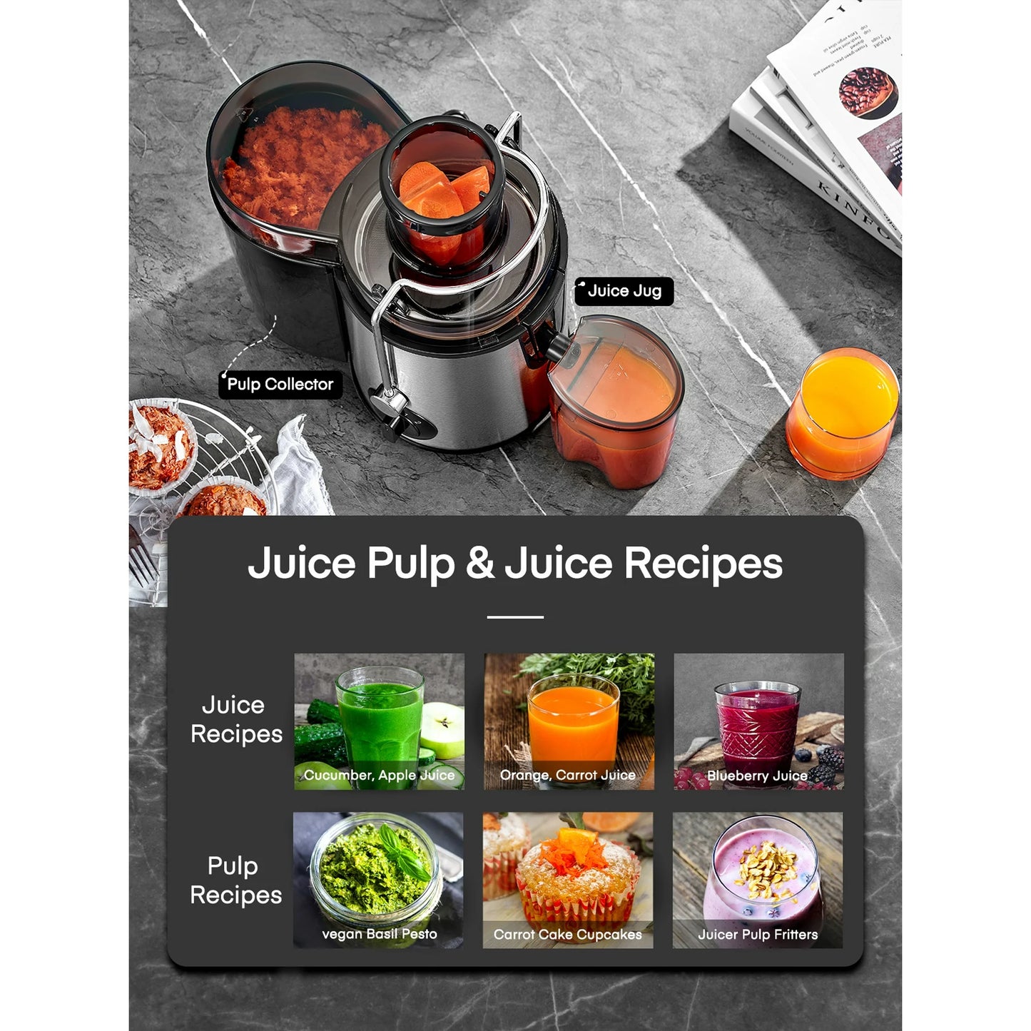 Juicer Machines, Centrifugal Juicer Extractor 3 Speeds with 3'' Feed Chute for Whole Fruit and Vegetables, Stainless Steel, Easy to Clean, Cleaning Brush and Recipe Included