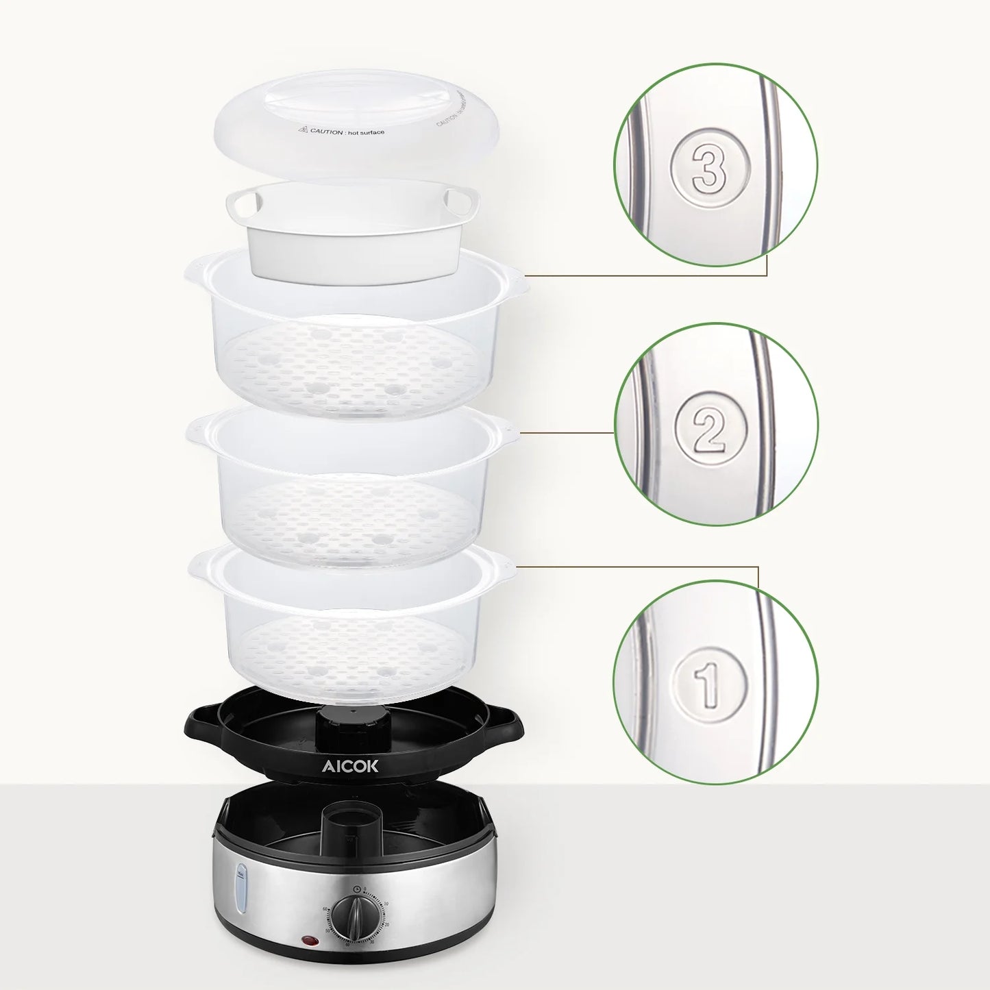 3 Tier Food Steamer for Cooking, 800W Fast Cooking Steamer, 9.5 QT, White